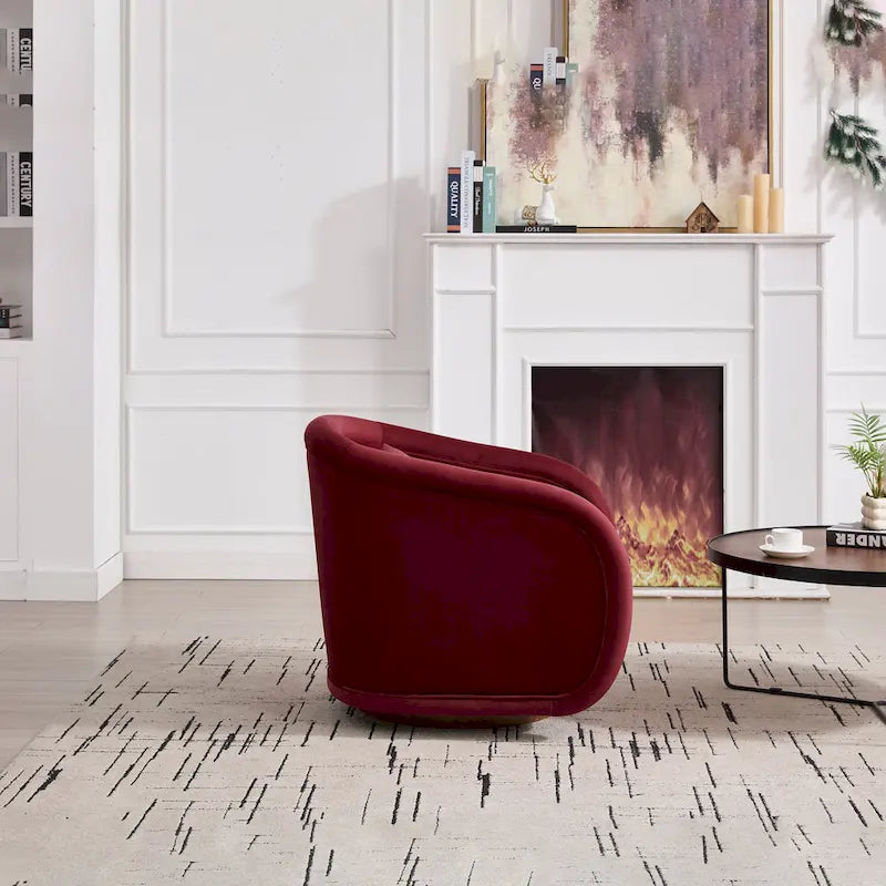 Wine Red Velvet Swivel Barrel Chair 360 Degree Round Wood Base Accent