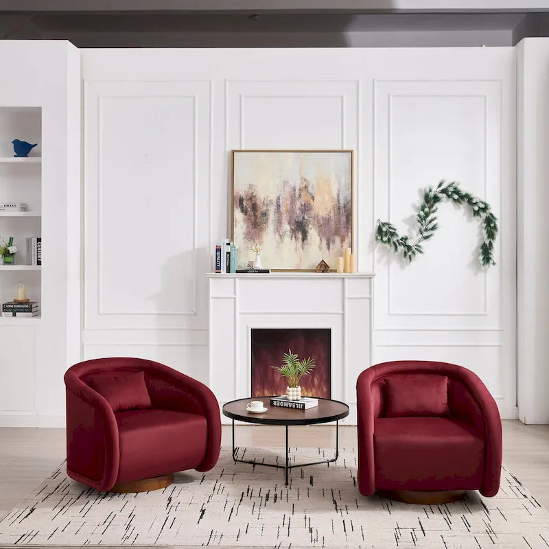 Wine Red Velvet Swivel Barrel Chair 360 Degree Round Wood Base Accent