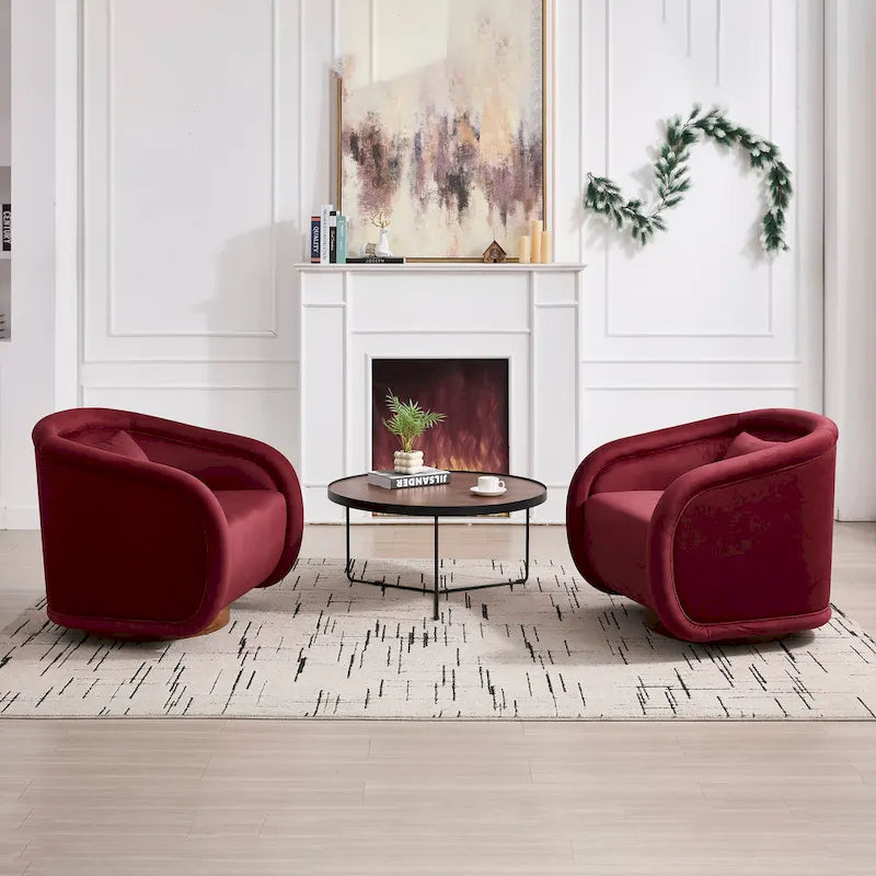 Wine Red Velvet Swivel Barrel Chair 360 Degree Round Wood Base Accent