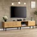 Wood Tone TV Stand with LED Lights 3 Doors Open Shelf Metal Legs