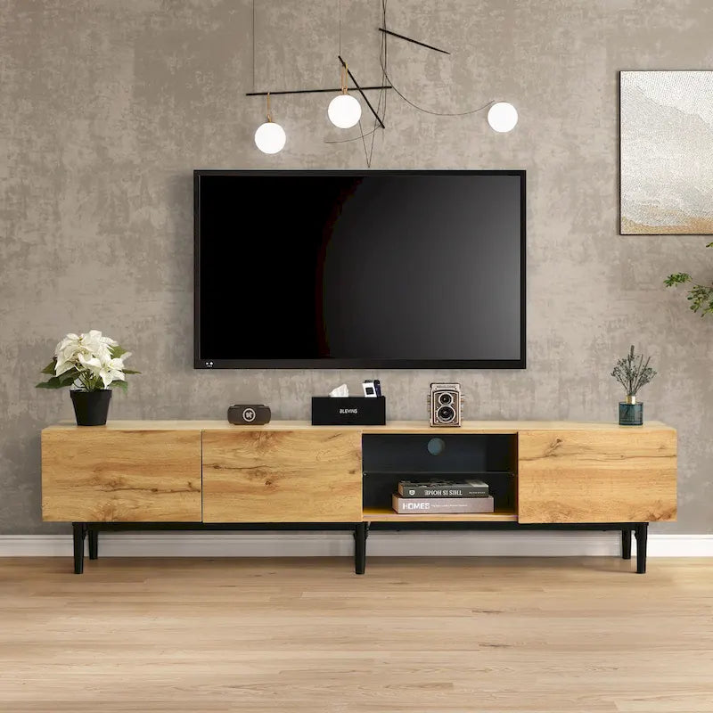 Wood Tone TV Stand with LED Lights 3 Doors Open Shelf Metal Legs
