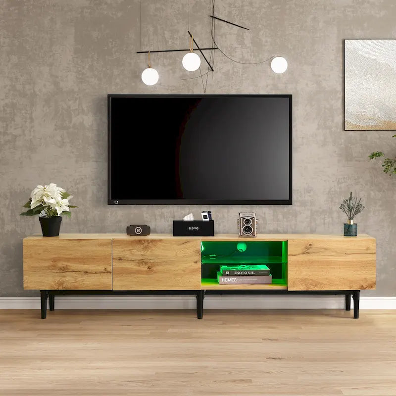 Wood Tone TV Stand with LED Lights 3 Doors Open Shelf Metal Legs
