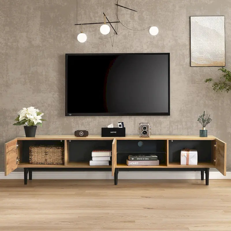 Wood Tone TV Stand with LED Lights 3 Doors Open Shelf Metal Legs