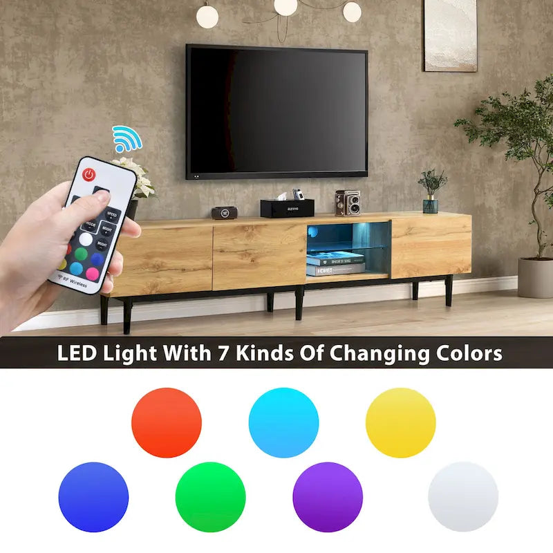 Wood Tone TV Stand with LED Lights 3 Doors Open Shelf Metal Legs