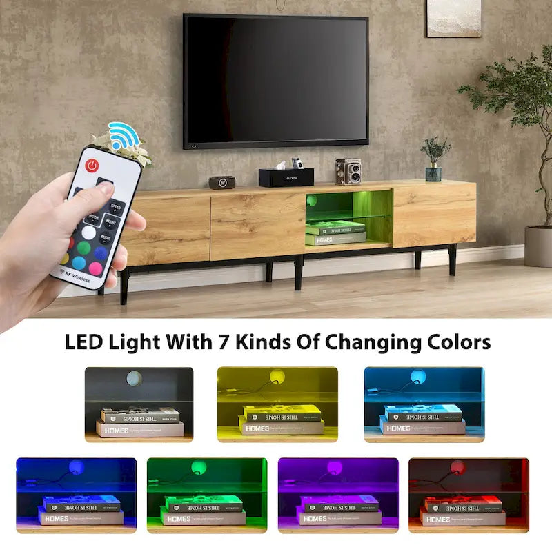 Wood Tone TV Stand with LED Lights 3 Doors Open Shelf Metal Legs