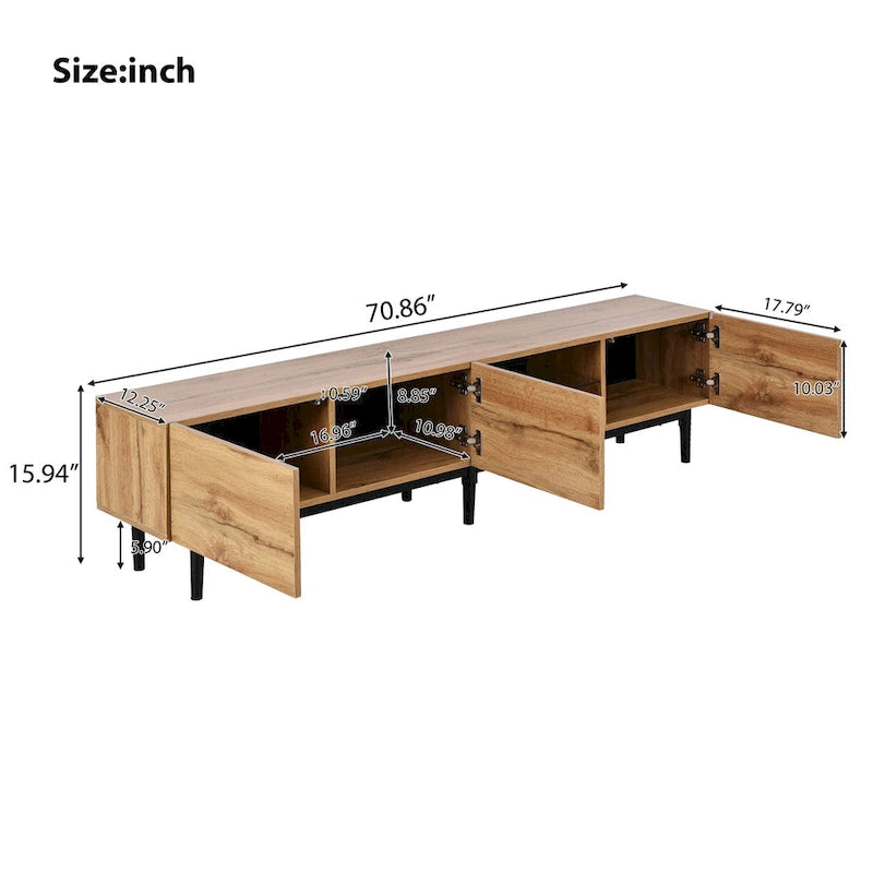 Wood Tone TV Stand with LED Lights 3 Doors Open Shelf Metal Legs