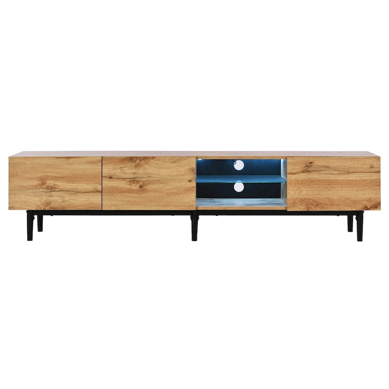Wood Tone TV Stand with LED Lights 3 Doors Open Shelf Metal Legs