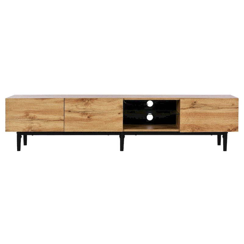 Wood Tone TV Stand with LED Lights 3 Doors Open Shelf Metal Legs