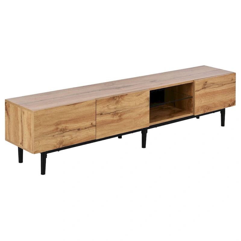 Wood Tone TV Stand with LED Lights 3 Doors Open Shelf Metal Legs