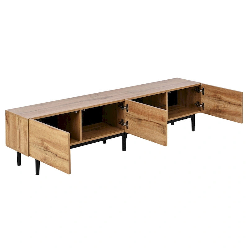 Wood Tone TV Stand with LED Lights 3 Doors Open Shelf Metal Legs