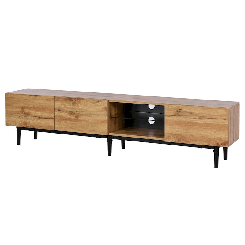 Wood Tone TV Stand with LED Lights 3 Doors Open Shelf Metal Legs