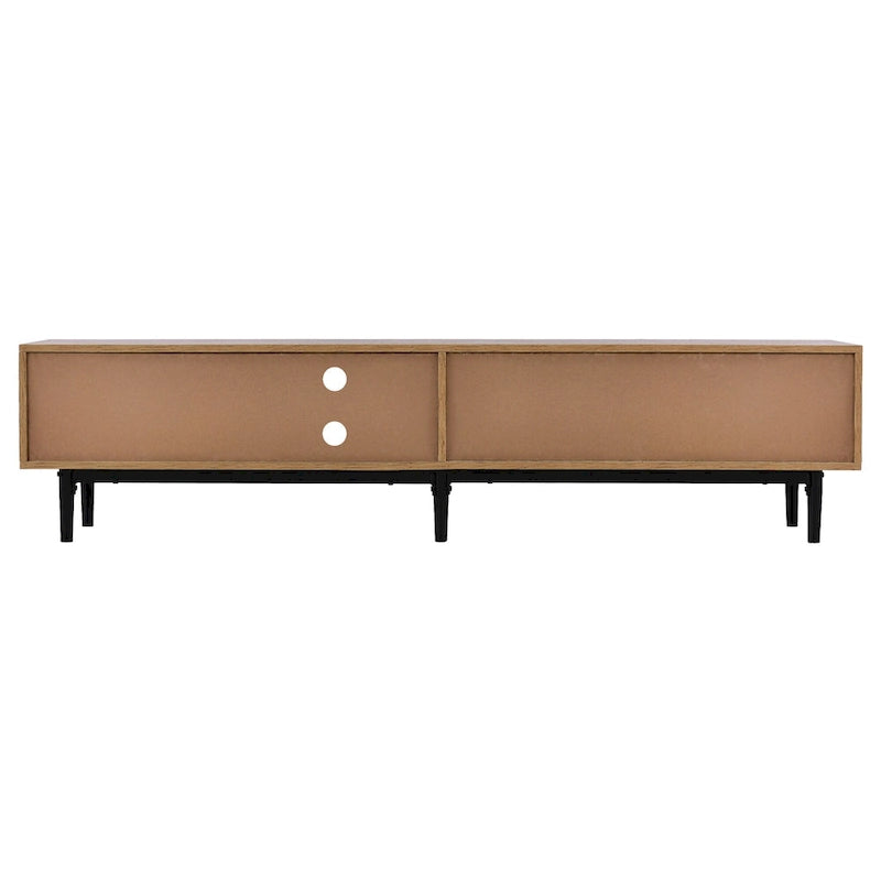 Wood Tone TV Stand with LED Lights 3 Doors Open Shelf Metal Legs