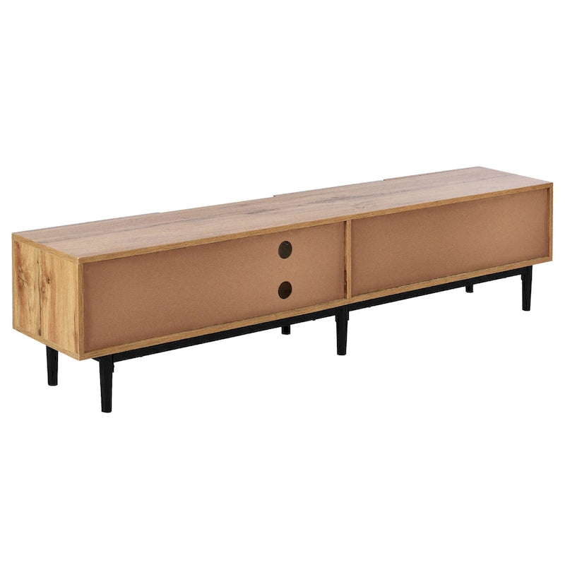 Wood Tone TV Stand with LED Lights 3 Doors Open Shelf Metal Legs
