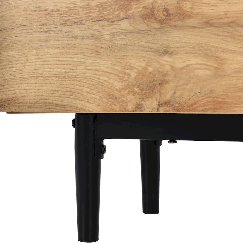 Wood Tone TV Stand with LED Lights 3 Doors Open Shelf Metal Legs