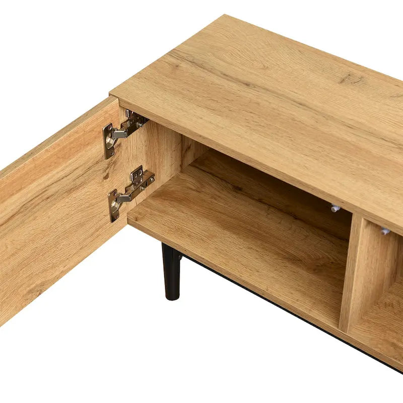 Wood Tone TV Stand with LED Lights 3 Doors Open Shelf Metal Legs