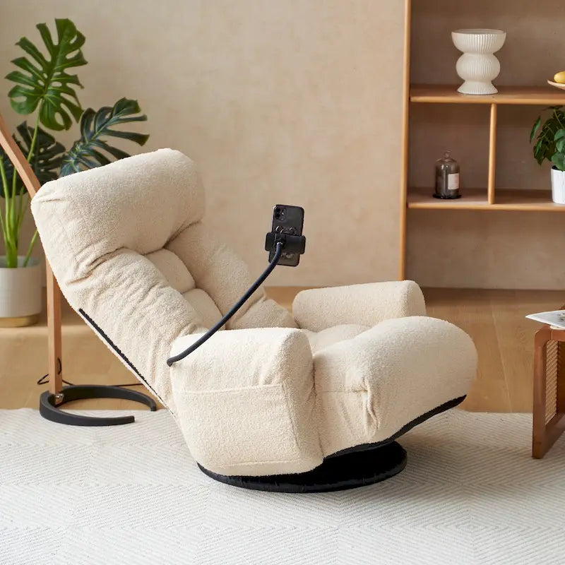 Beige Bouclé 360° Swivel Recliner Chair 5-Angle Adjustable Phone Holder Spring Seat