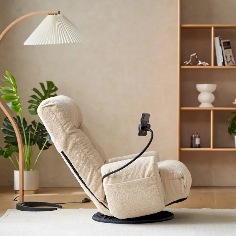 Beige Bouclé 360° Swivel Recliner Chair 5-Angle Adjustable Phone Holder Spring Seat