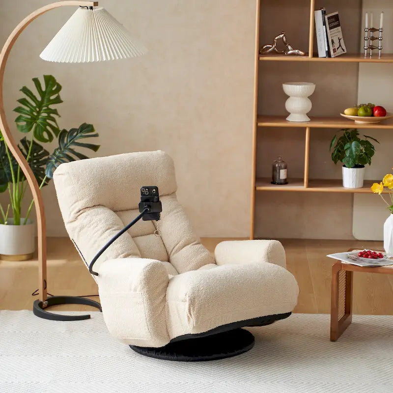 Beige Bouclé 360° Swivel Recliner Chair 5-Angle Adjustable Phone Holder Spring Seat