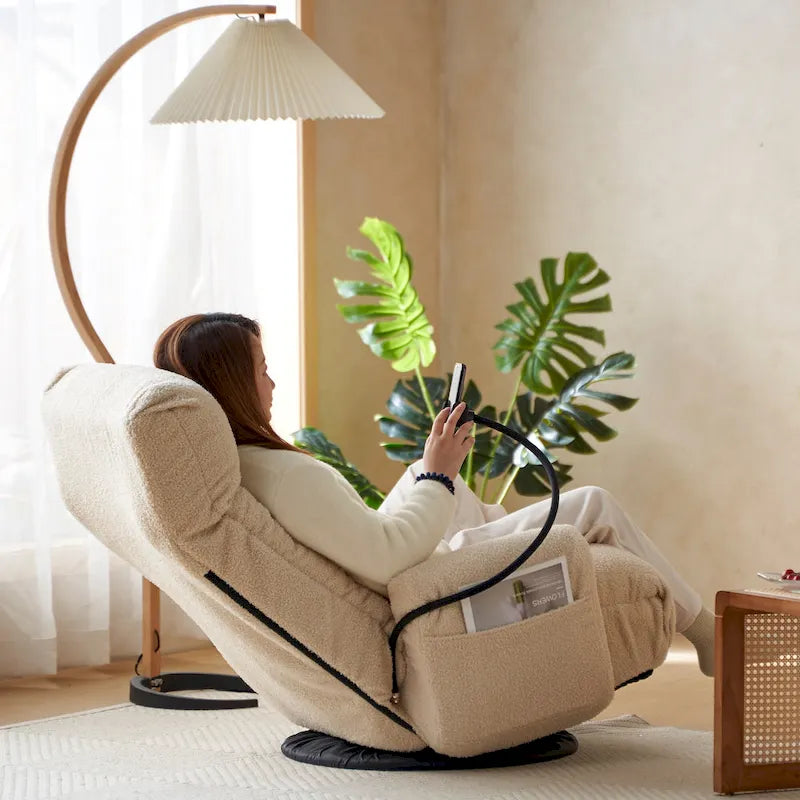 Beige Bouclé 360° Swivel Recliner Chair 5-Angle Adjustable Phone Holder Spring Seat