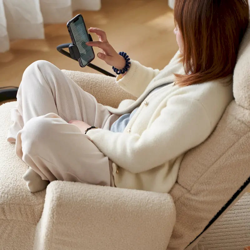 Beige Bouclé 360° Swivel Recliner Chair 5-Angle Adjustable Phone Holder Spring Seat