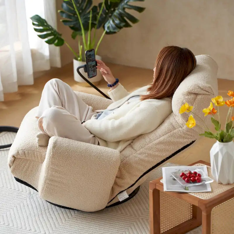 Beige Bouclé 360° Swivel Recliner Chair 5-Angle Adjustable Phone Holder Spring Seat