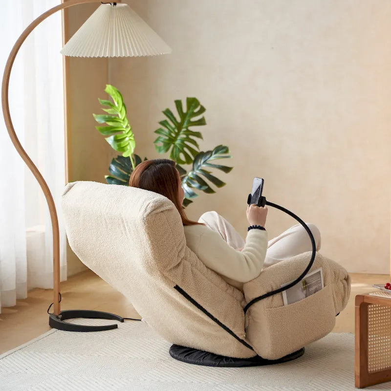Beige Bouclé 360° Swivel Recliner Chair 5-Angle Adjustable Phone Holder Spring Seat