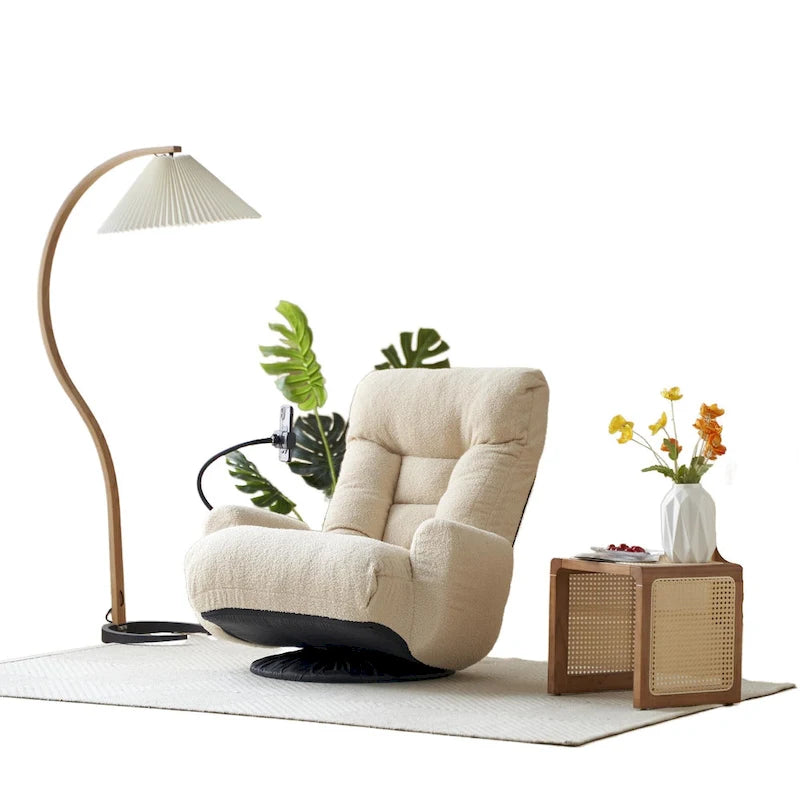 Beige Bouclé 360° Swivel Recliner Chair 5-Angle Adjustable Phone Holder Spring Seat