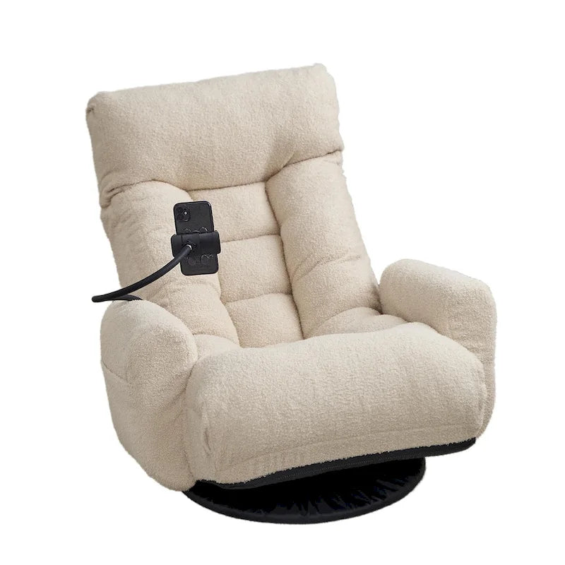 Beige Bouclé 360° Swivel Recliner Chair 5-Angle Adjustable Phone Holder Spring Seat