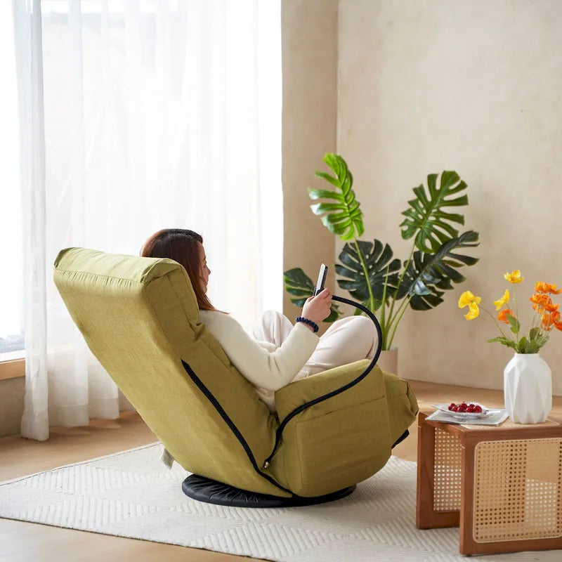 Beige Bouclé 360° Swivel Recliner Chair 5-Angle Adjustable Phone Holder Spring Seat