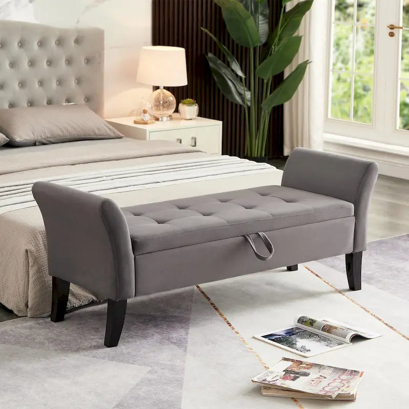 Beige Velvet Storage Bed Bench Tufted Roll Arm Dark Wood Legs