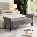 Beige Velvet Storage Bed Bench Tufted Roll Arm Dark Wood Legs