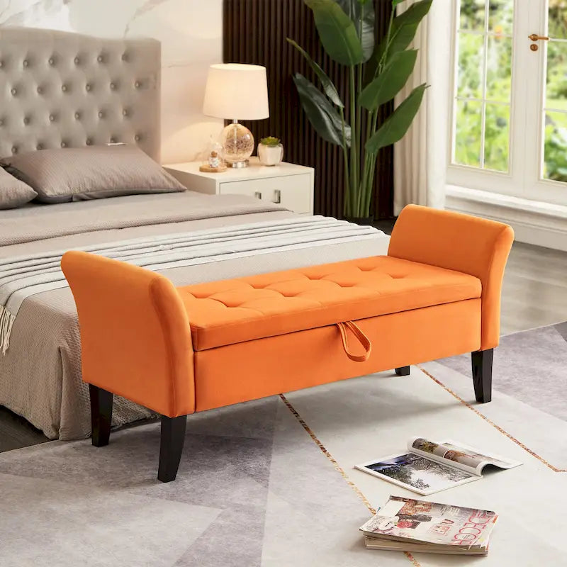 Beige Velvet Storage Bed Bench Tufted Roll Arm Dark Wood Legs