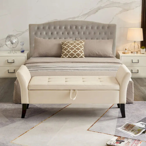 Beige Velvet Storage Bed Bench Tufted Roll Arm Dark Wood Legs