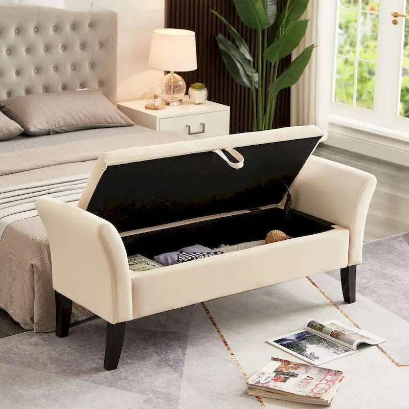 Beige Velvet Storage Bed Bench Tufted Roll Arm Dark Wood Legs