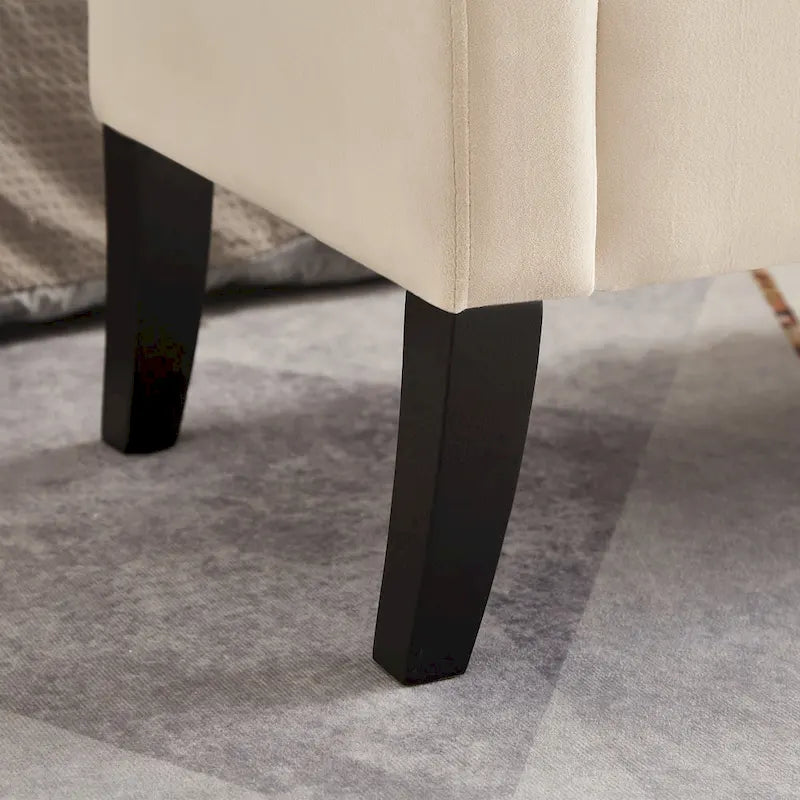 Beige Velvet Storage Bed Bench Tufted Roll Arm Dark Wood Legs
