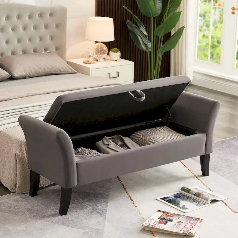 Beige Velvet Storage Bed Bench Tufted Roll Arm Dark Wood Legs