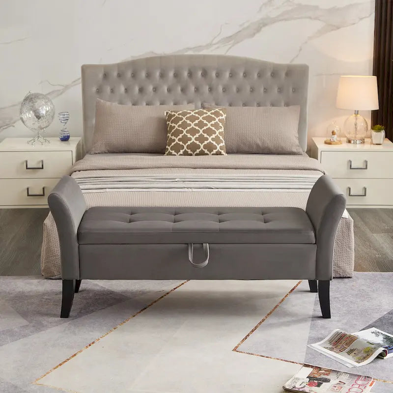 Beige Velvet Storage Bed Bench Tufted Roll Arm Dark Wood Legs