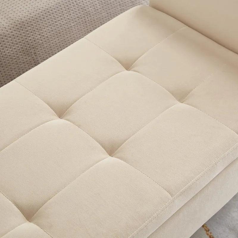 Beige Velvet Storage Bed Bench Tufted Roll Arm Dark Wood Legs