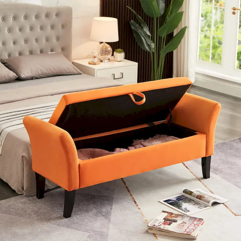 Beige Velvet Storage Bed Bench Tufted Roll Arm Dark Wood Legs