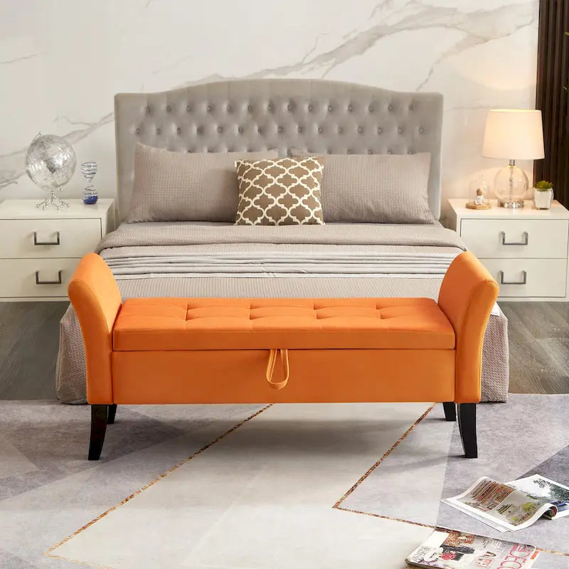 Beige Velvet Storage Bed Bench Tufted Roll Arm Dark Wood Legs
