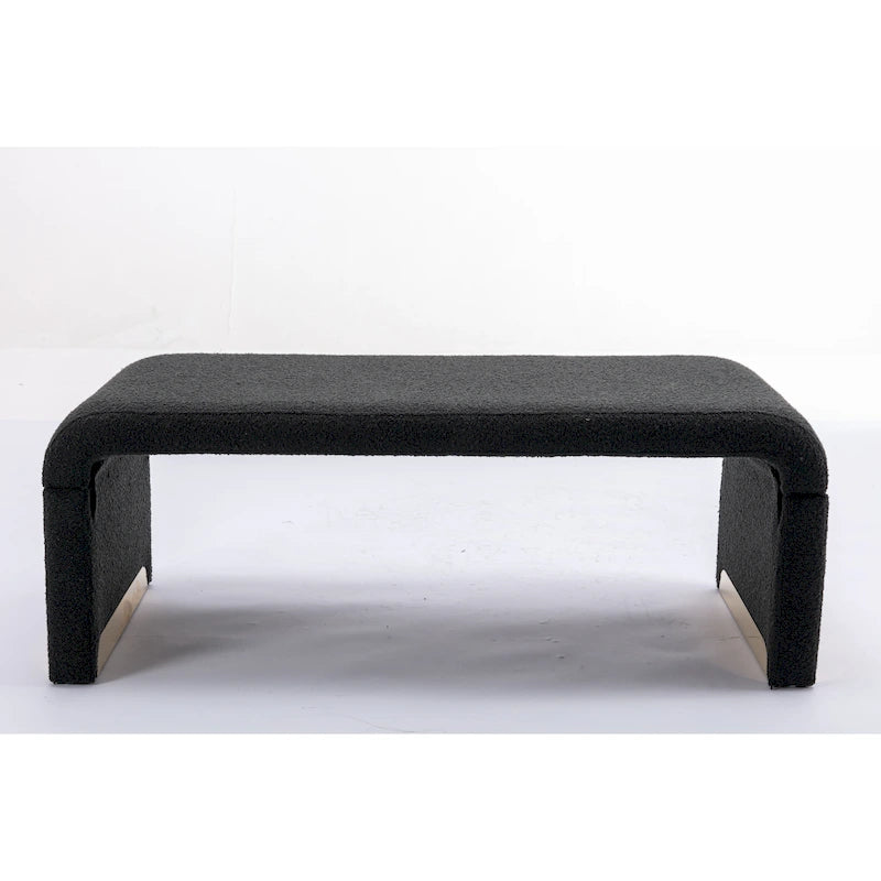 Light Blue Bouclé Upholstered Bench Waterfall Ottoman Gold Metal Base