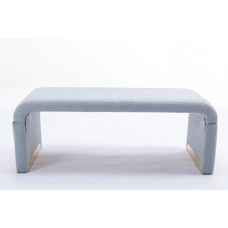 Light Blue Bouclé Upholstered Bench Waterfall Ottoman Gold Metal Base