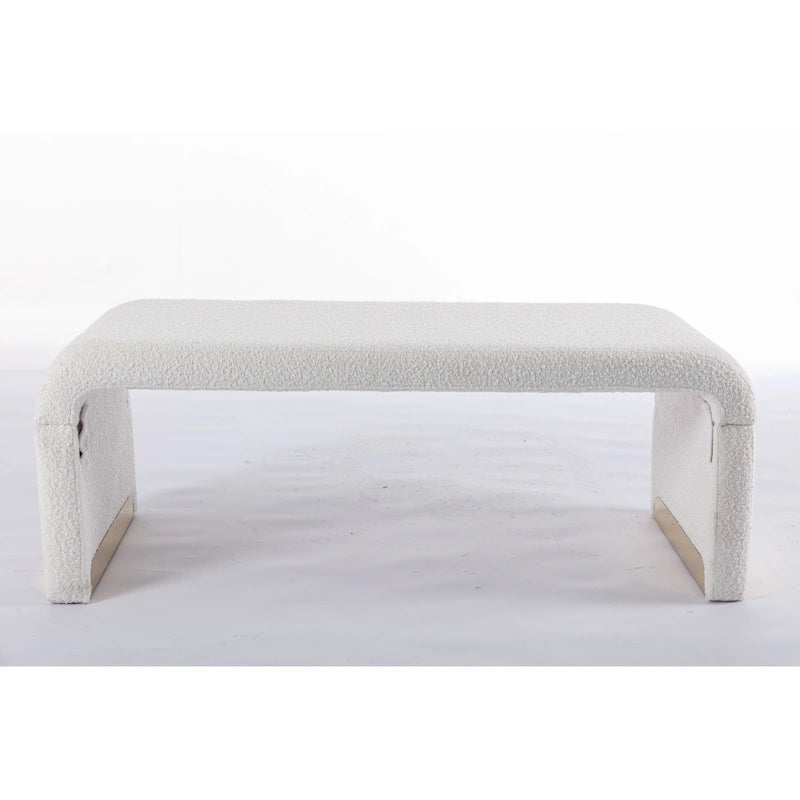 Light Blue Bouclé Upholstered Bench Waterfall Ottoman Gold Metal Base