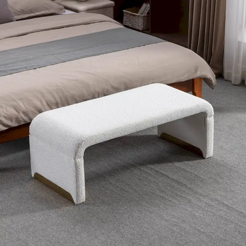 Light Blue Bouclé Upholstered Bench Waterfall Ottoman Gold Metal Base