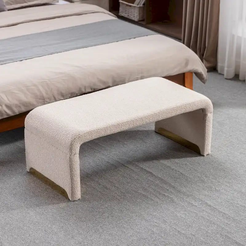 Light Blue Bouclé Upholstered Bench Waterfall Ottoman Gold Metal Base