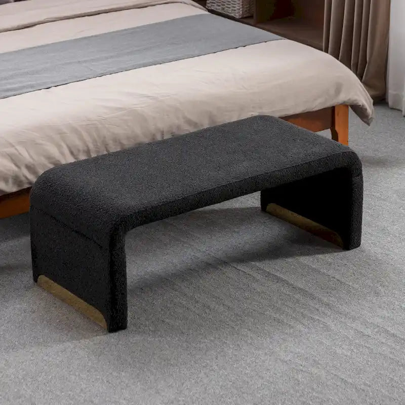 Light Blue Bouclé Upholstered Bench Waterfall Ottoman Gold Metal Base