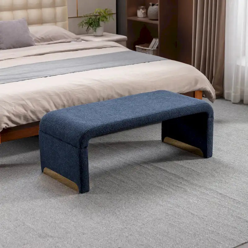 Light Blue Bouclé Upholstered Bench Waterfall Ottoman Gold Metal Base