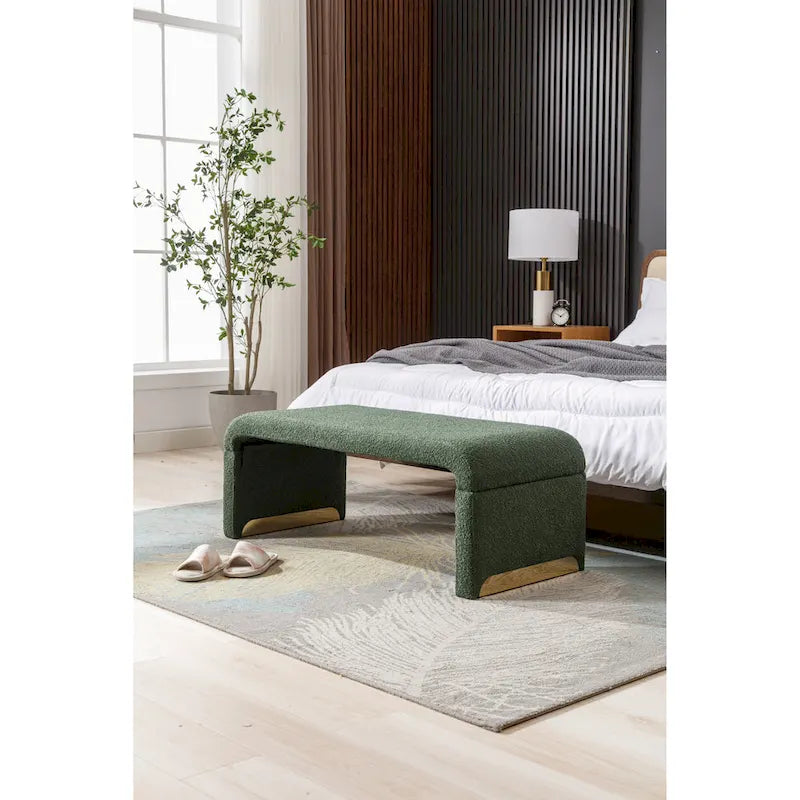 Light Blue Bouclé Upholstered Bench Waterfall Ottoman Gold Metal Base