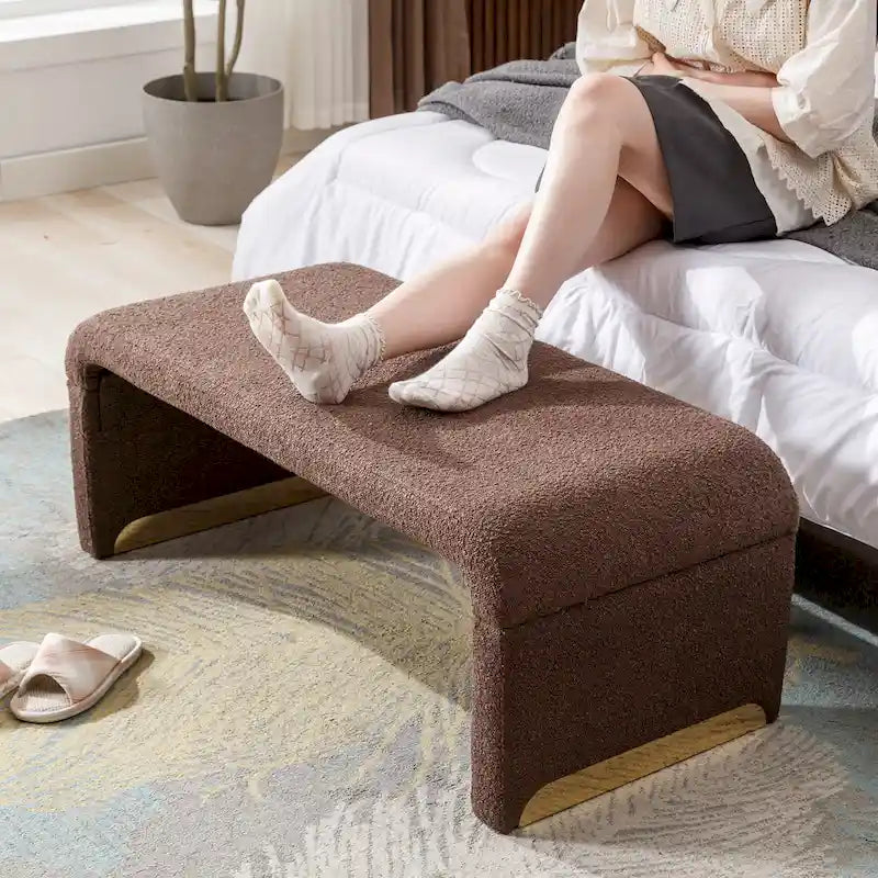 Light Blue Bouclé Upholstered Bench Waterfall Ottoman Gold Metal Base