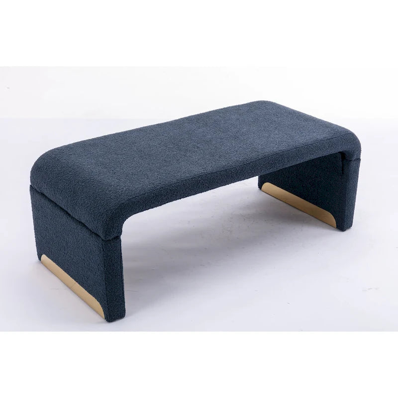 Light Blue Bouclé Upholstered Bench Waterfall Ottoman Gold Metal Base